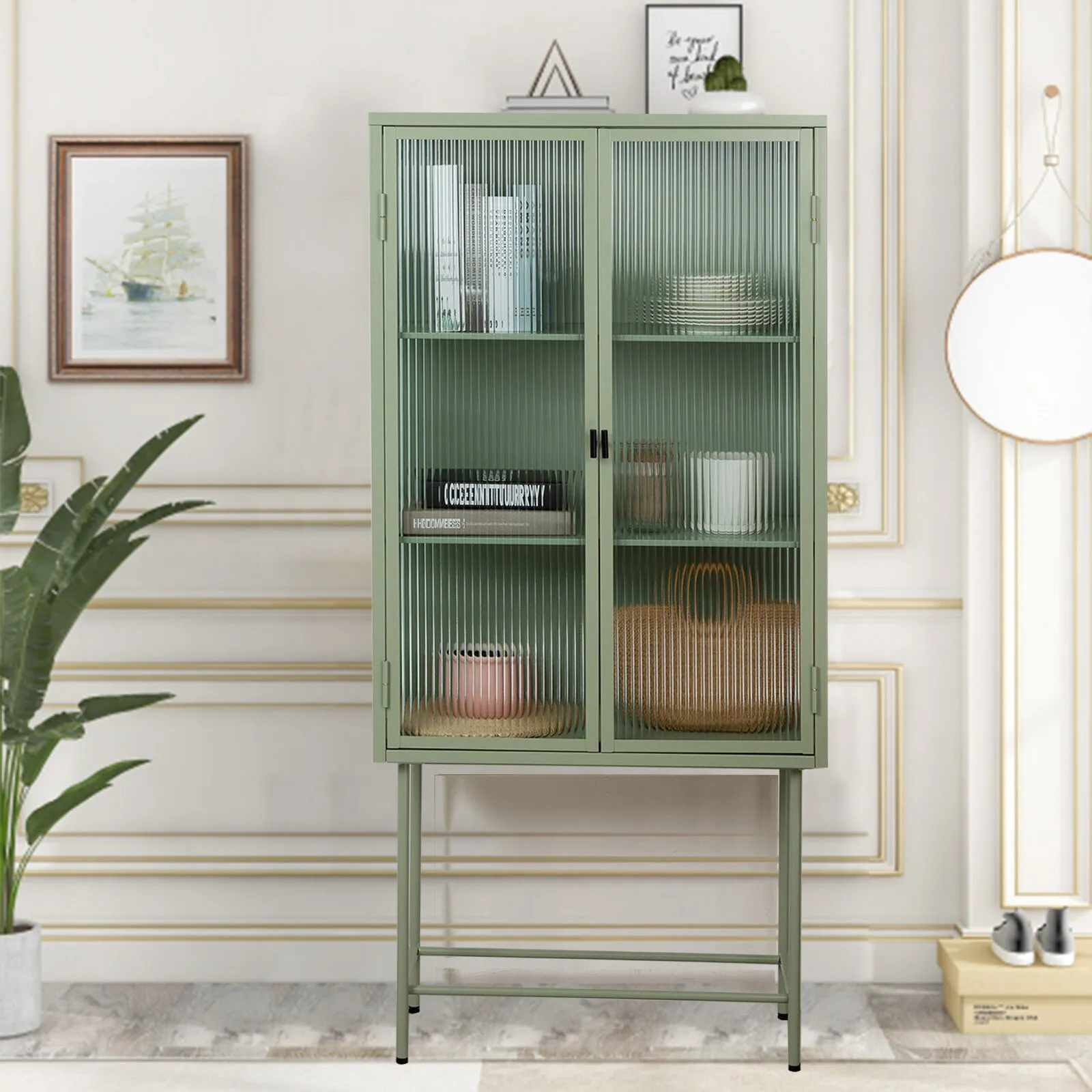 Tall Glass Door Sideboard Cabinet with Feet